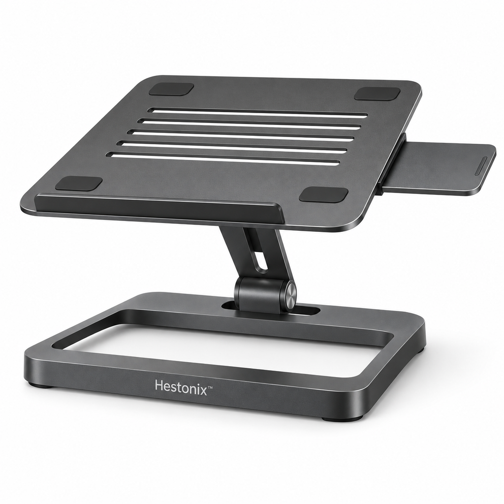 Hestonix™ Floating-Frame Laptop Stand with Pivoting Work Deck, Slide-Out Accessory Shelf and Open-Air Cooling Design