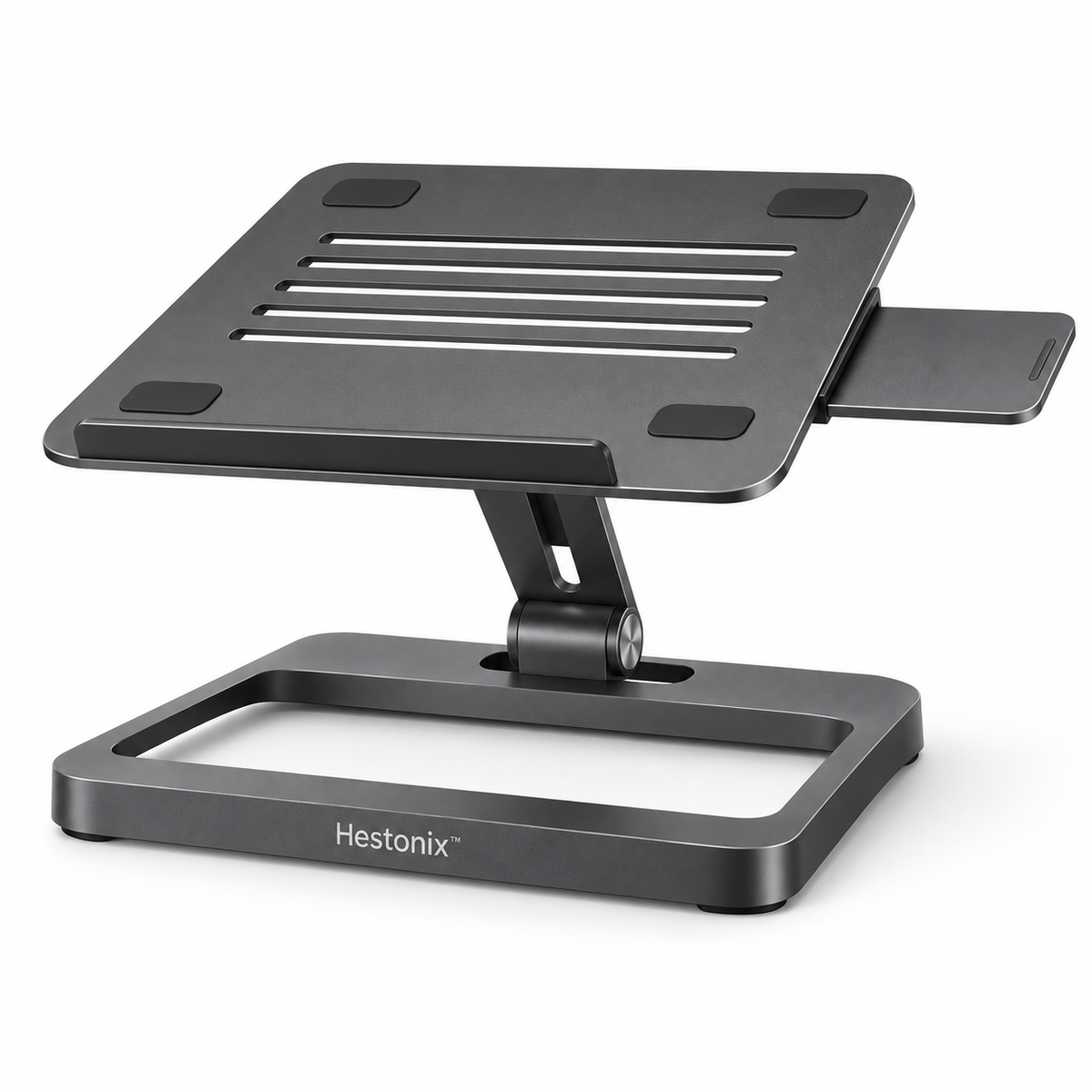 Hestonix™ Floating-Frame Laptop Stand with Pivoting Work Deck, Slide-Out Accessory Shelf and Open-Air Cooling Design