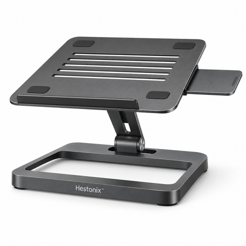 Hestonix™ Floating-Frame Laptop Stand with Pivoting Work Deck, Slide-Out Accessory Shelf and Open-Air Cooling Design