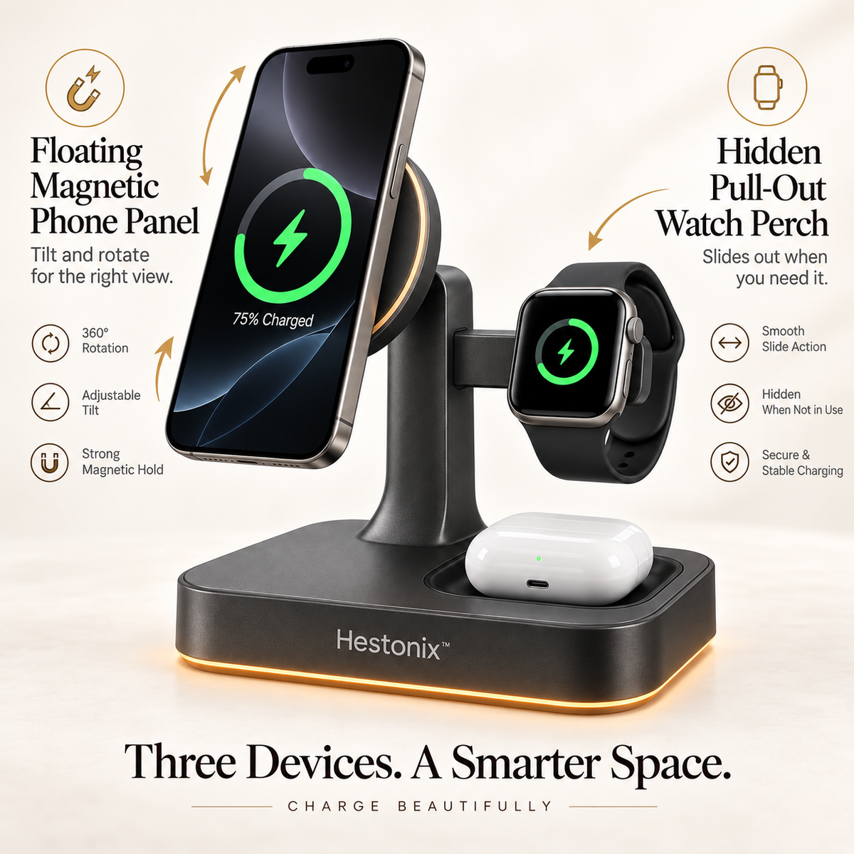 Hestonix™ Sculptural 3-in-1 Charging Dock with Floating Phone Panel, Hidden Watch Perch and Wireless Accessory Tray