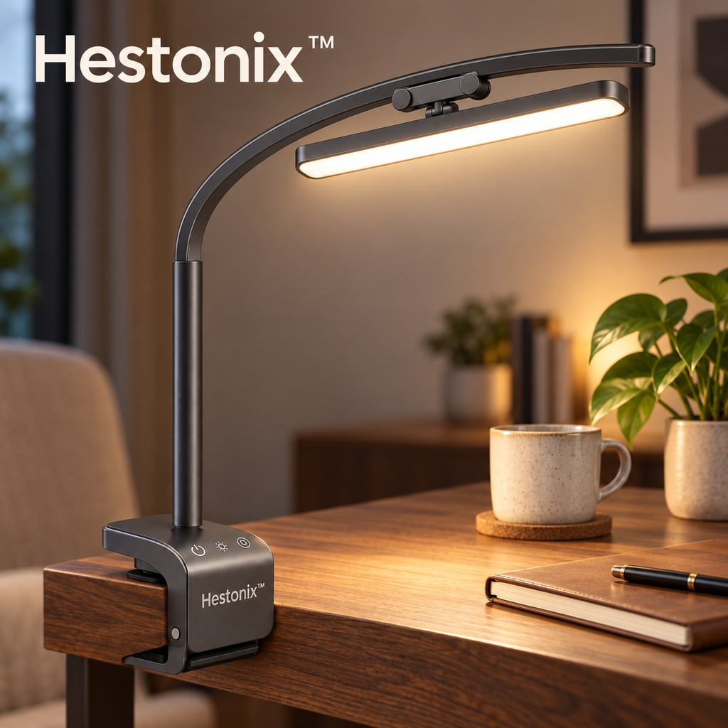Hestonix™ Slim Arc Clip-On Desk Lamp with Sliding Light Head and Soft Wide-Area Illumination