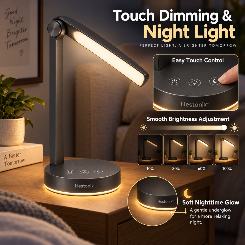 Hestonix™ Fold-Away Bedside Reading Lamp with Focused Night Reading Light and Soft Ambient Glow