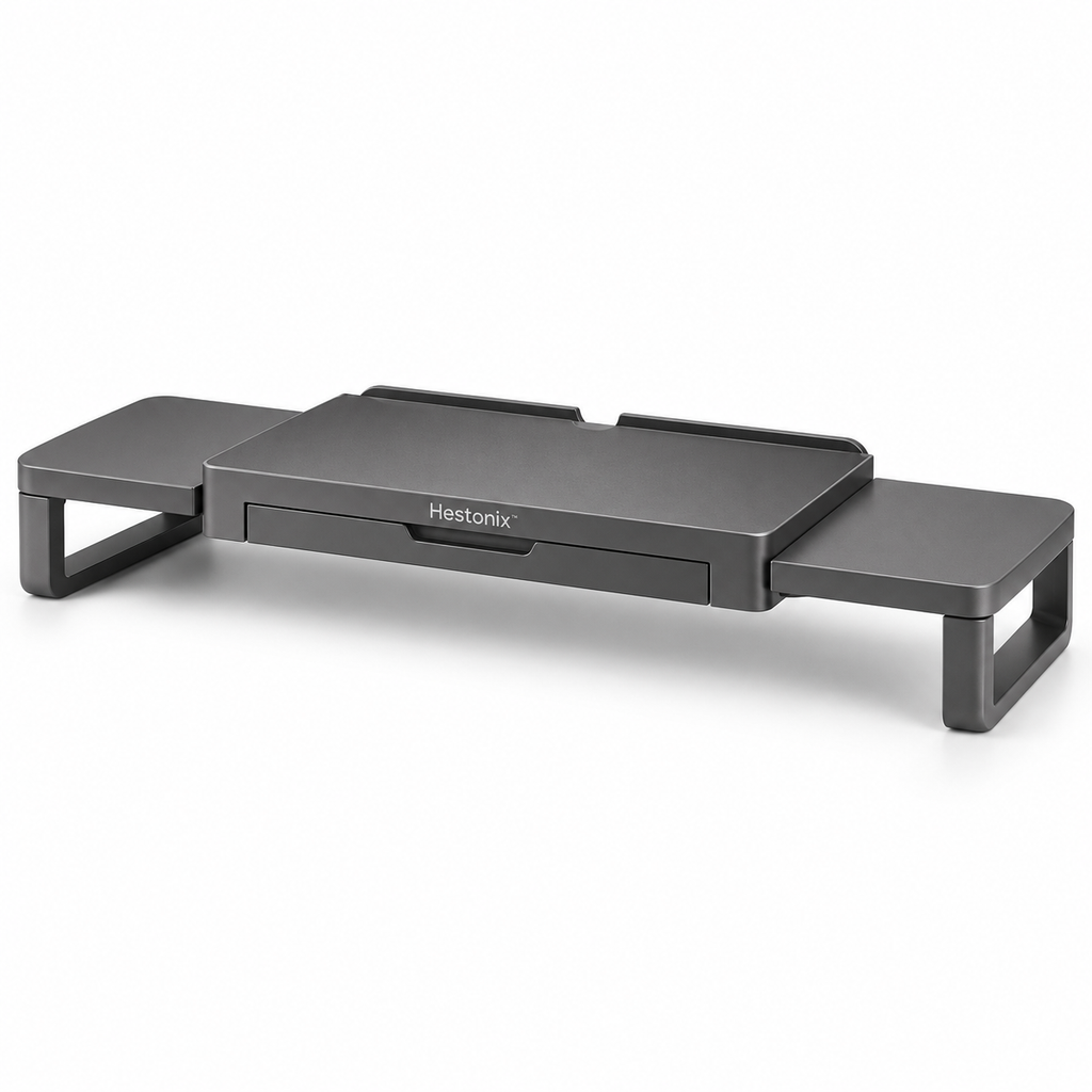 Hestonix™ Expandable Floating-Bridge Monitor Riser with Sliding Side Shelves and Hidden Desk Storage