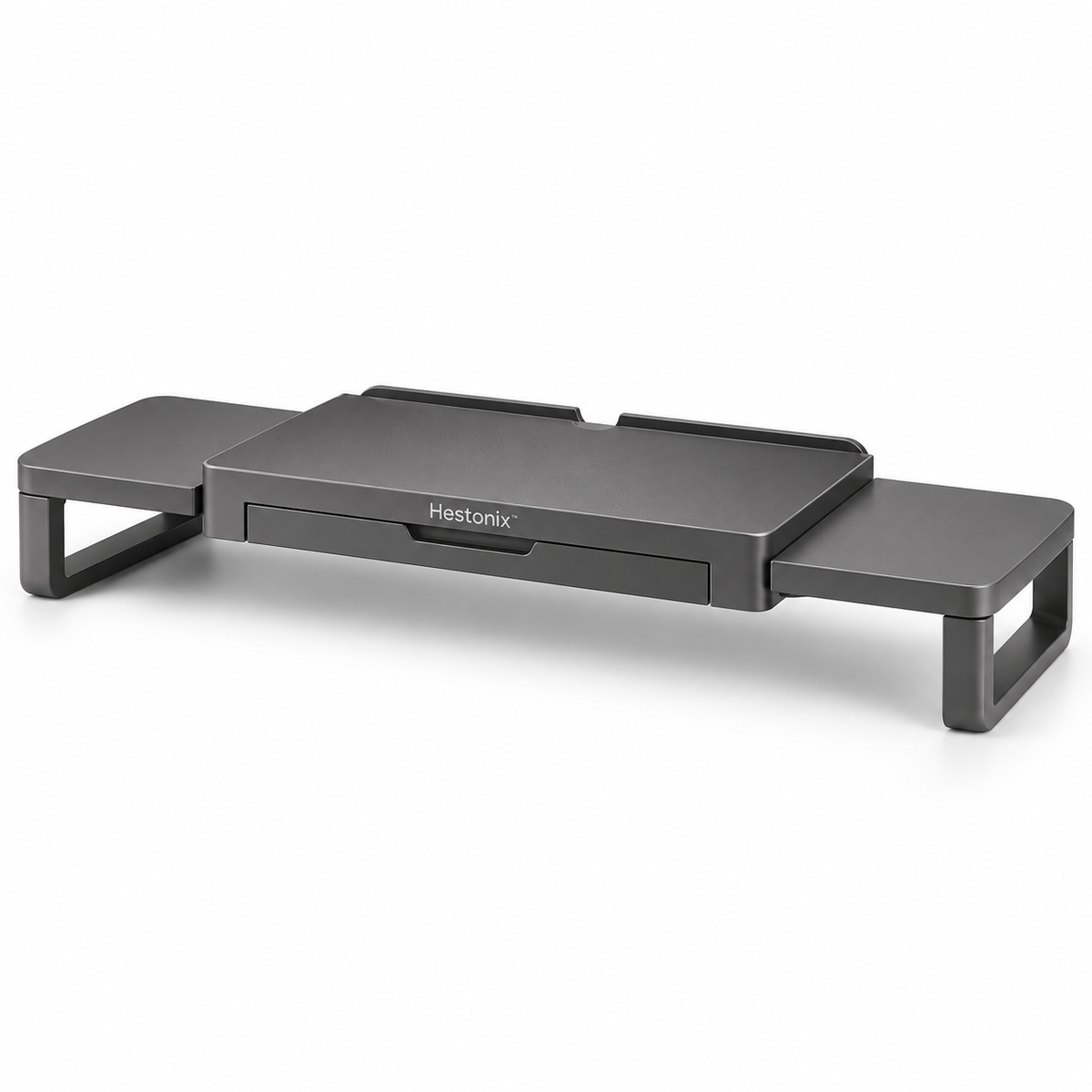 Hestonix™ Expandable Floating-Bridge Monitor Riser with Sliding Side Shelves and Hidden Desk Storage