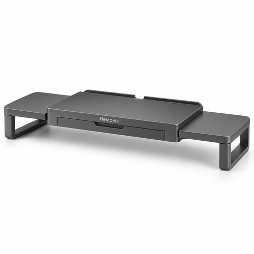 Hestonix™ Expandable Floating-Bridge Monitor Riser with Sliding Side Shelves and Hidden Desk Storage