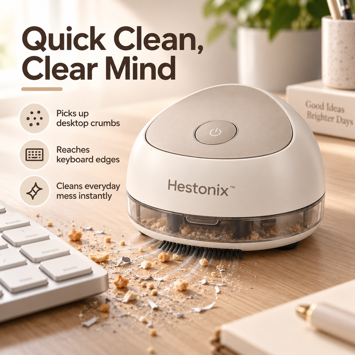 Hestonix™ Compact Desktop Vacuum with Edge Brush and Lift-Off Dust Cup