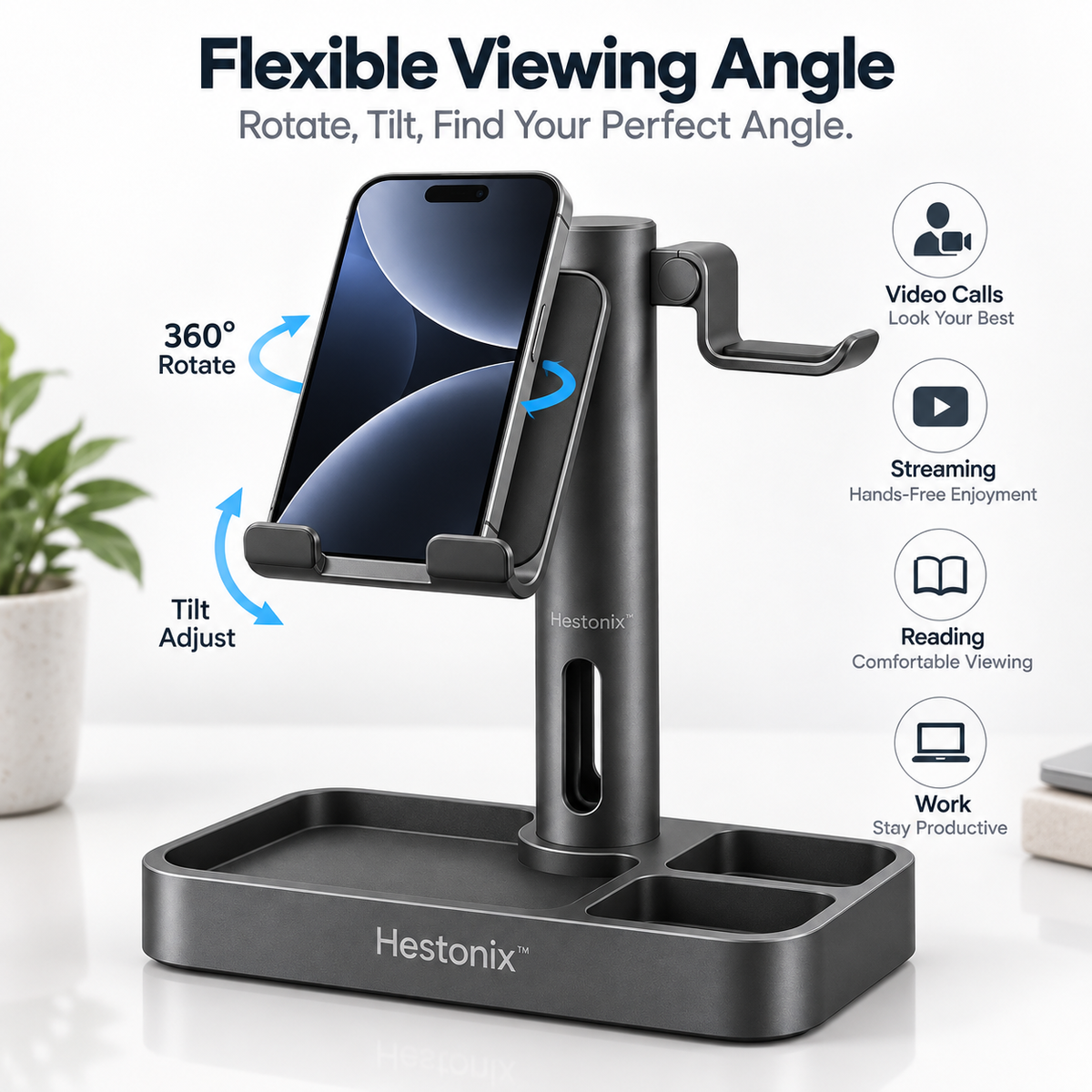 Hestonix™ Pivoting Multi-Function Desktop Stand with Floating Device Shelf, Headphone Hook and Valet Tray