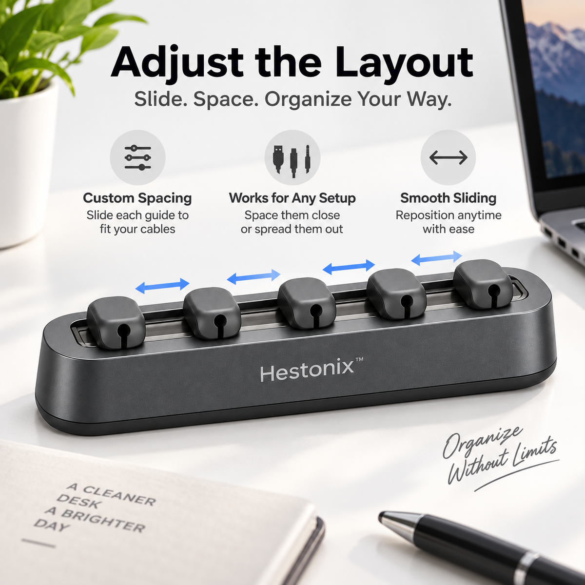 Hestonix™ Sculpted Desktop Cable Organizer with Sliding Cable Channels