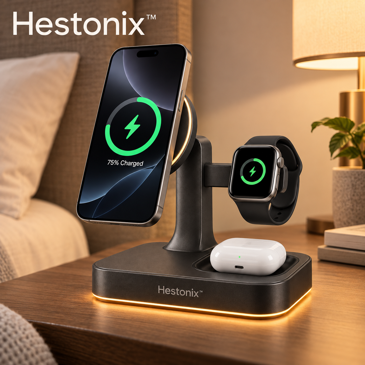 Hestonix™ Sculptural 3-in-1 Charging Dock with Floating Phone Panel, Hidden Watch Perch and Wireless Accessory Tray