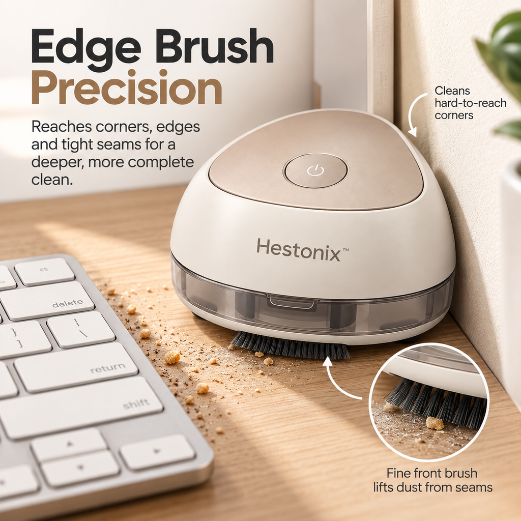 Hestonix™ Compact Desktop Vacuum with Edge Brush and Lift-Off Dust Cup