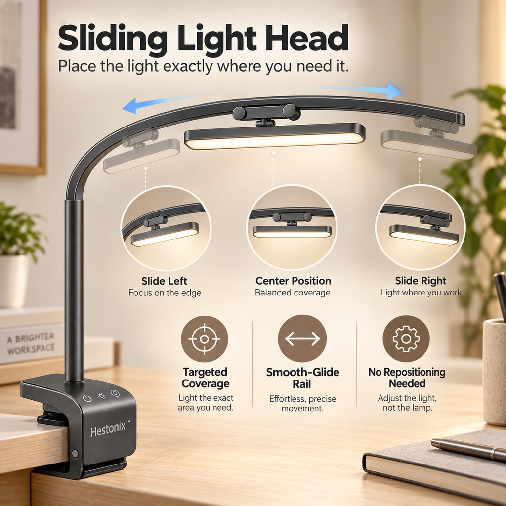 Hestonix™ Slim Arc Clip-On Desk Lamp with Sliding Light Head and Soft Wide-Area Illumination