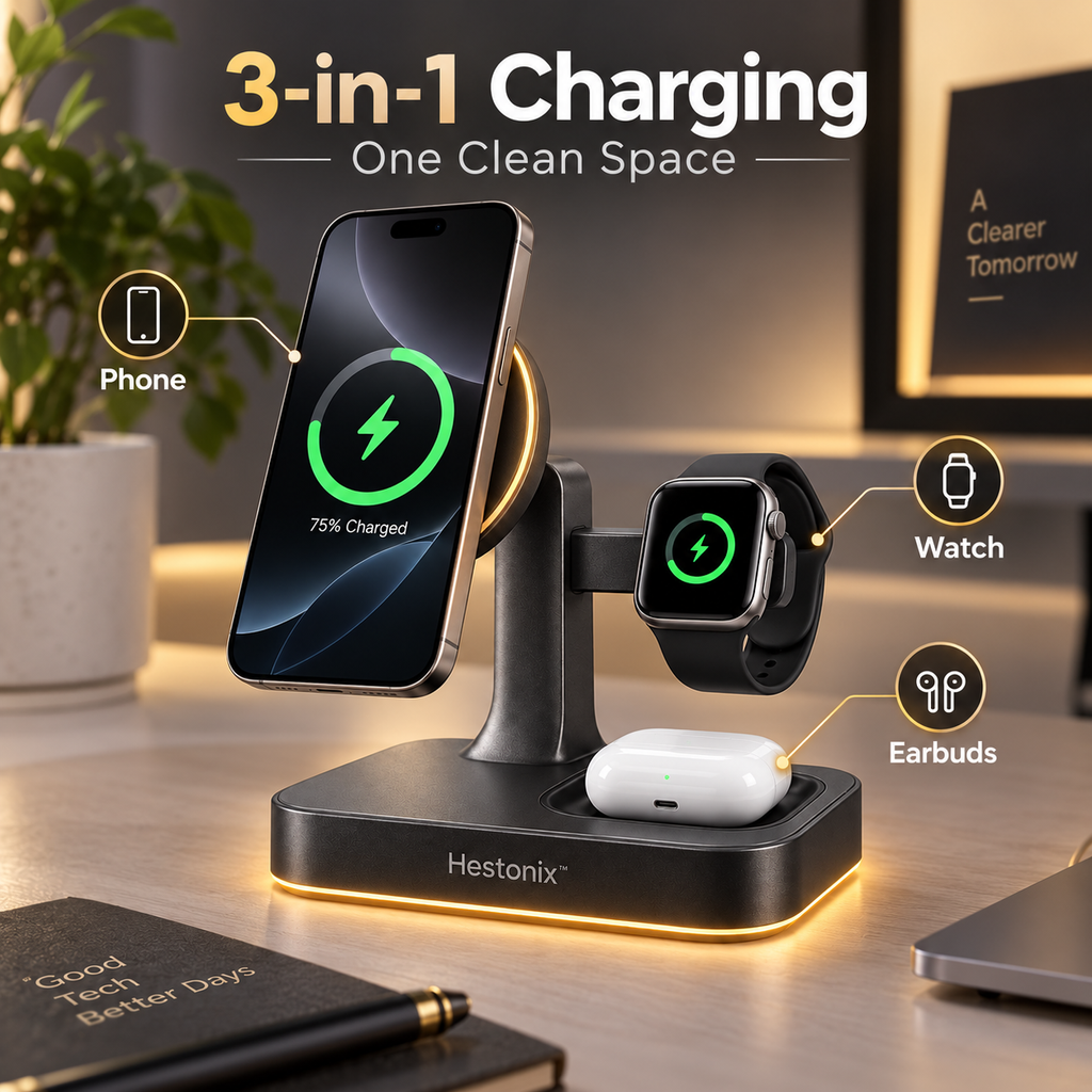 Hestonix™ Sculptural 3-in-1 Charging Dock with Floating Phone Panel, Hidden Watch Perch and Wireless Accessory Tray