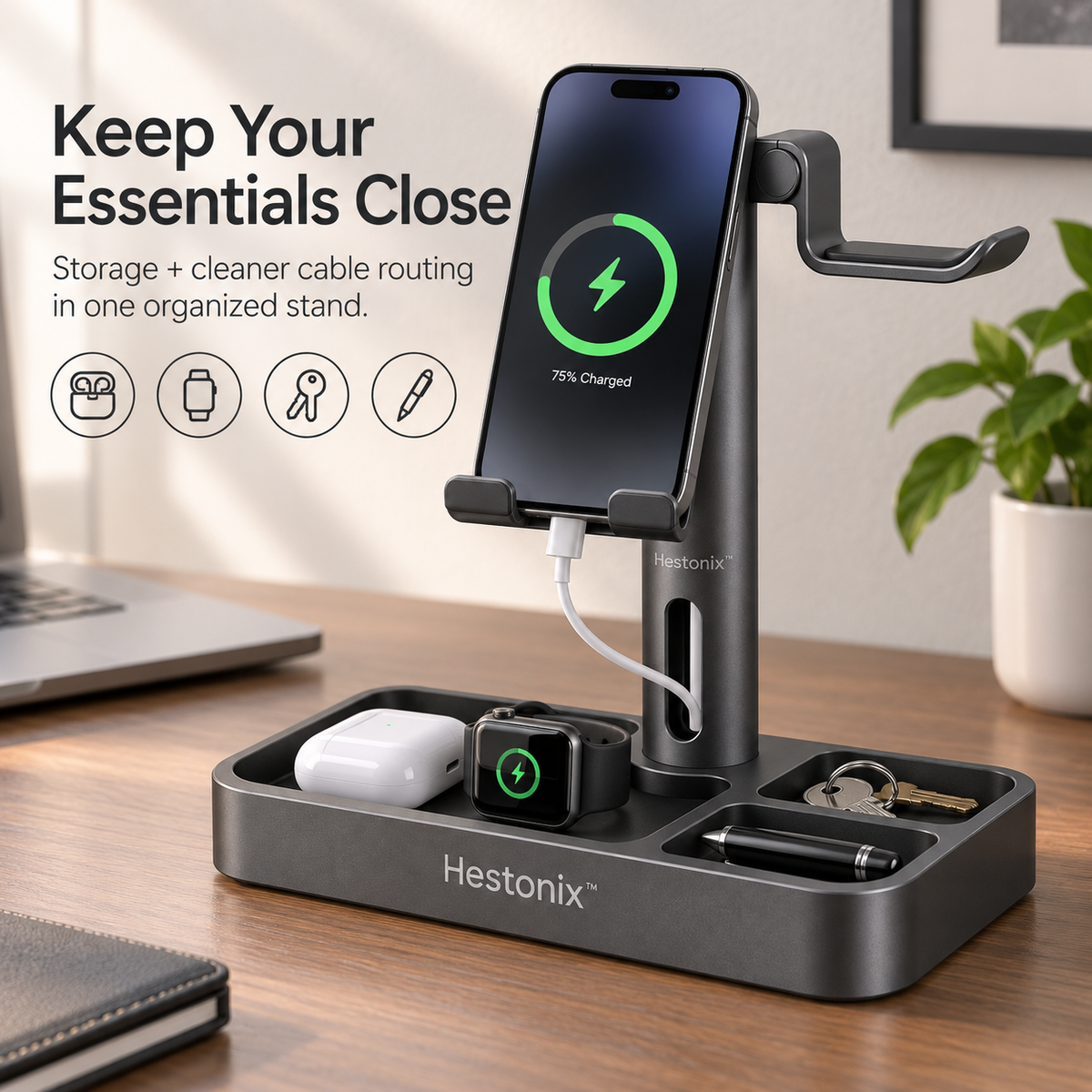 Hestonix™ Pivoting Multi-Function Desktop Stand with Floating Device Shelf, Headphone Hook and Valet Tray