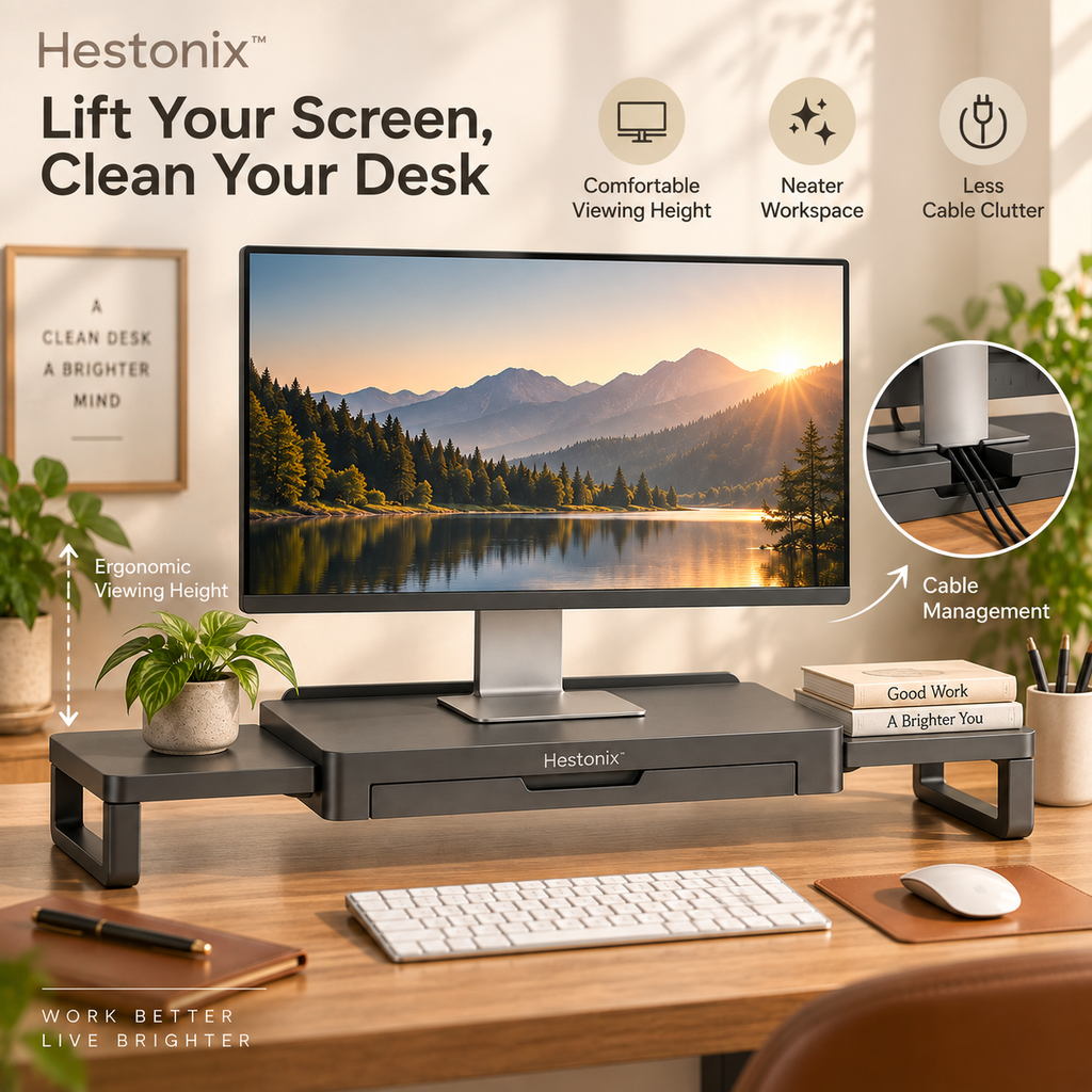 Hestonix™ Expandable Floating-Bridge Monitor Riser with Sliding Side Shelves and Hidden Desk Storage