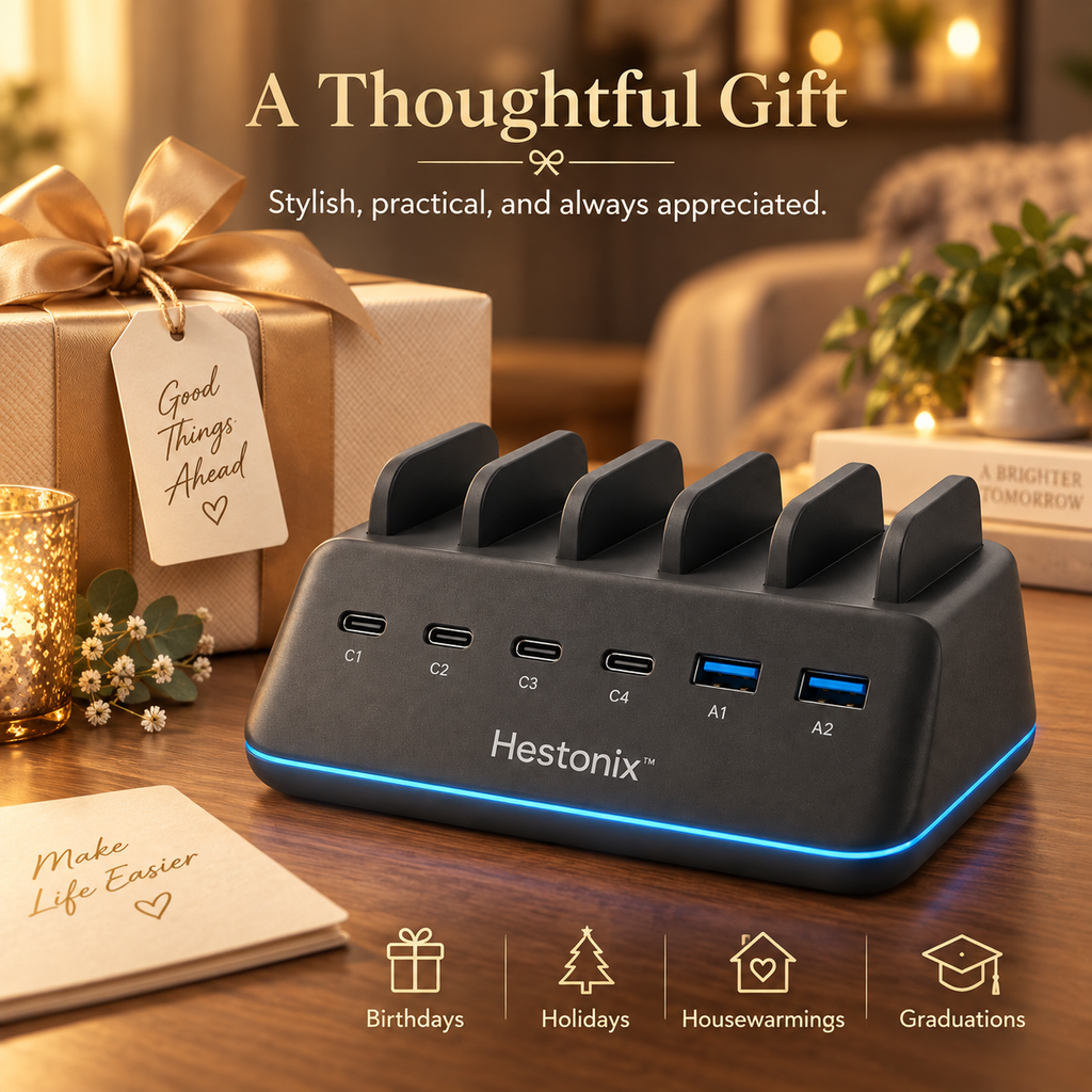 Hestonix™ Sculpted 6-Port Desktop USB Charging Hub with Angled Port Deck and Integrated Cable Organizer