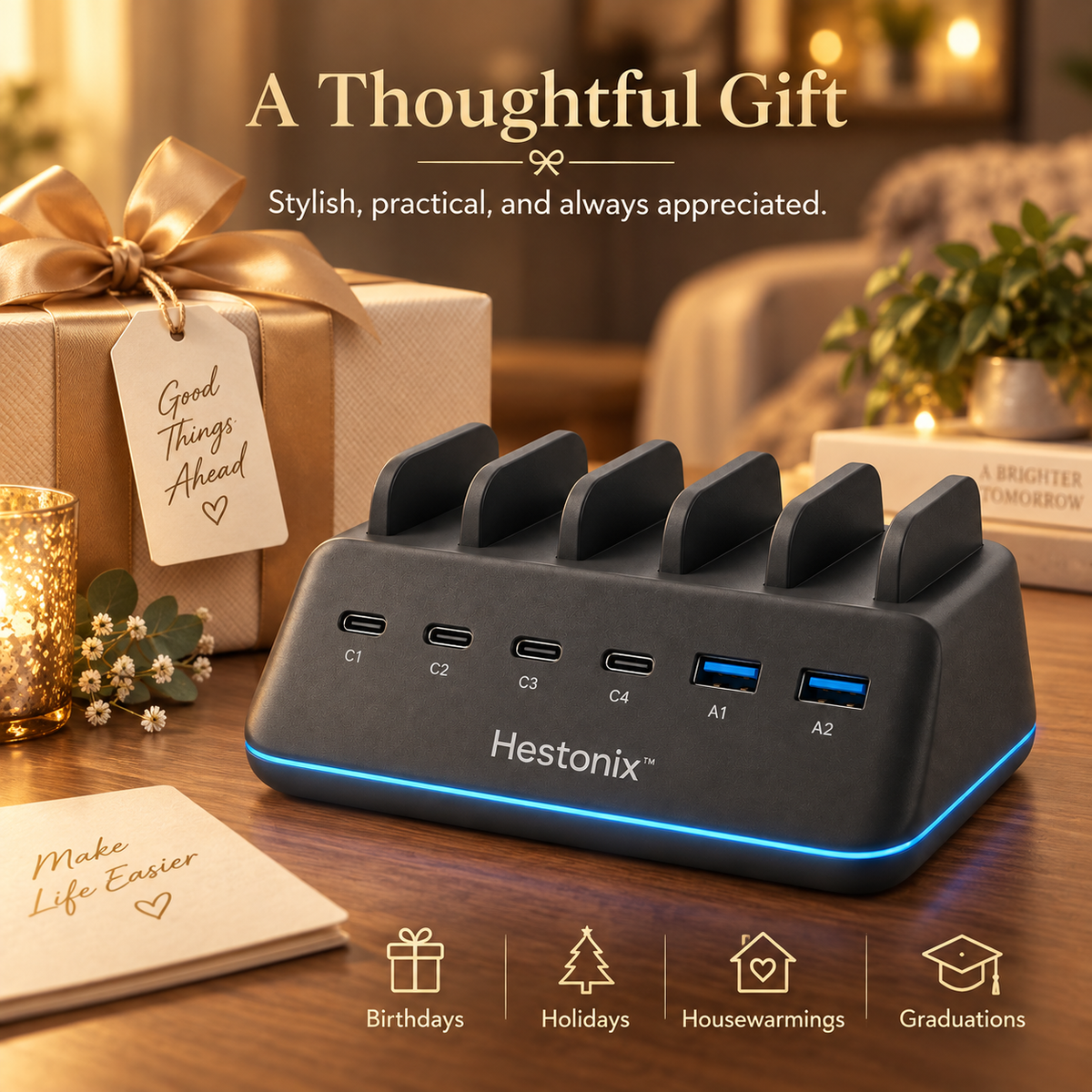 Hestonix™ Sculpted 6-Port Desktop USB Charging Hub with Angled Port Deck and Integrated Cable Organizer
