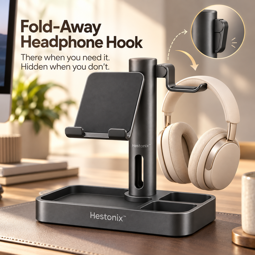 Hestonix™ Pivoting Multi-Function Desktop Stand with Floating Device Shelf, Headphone Hook and Valet Tray