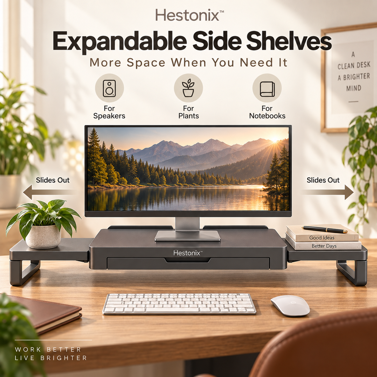Hestonix™ Expandable Floating-Bridge Monitor Riser with Sliding Side Shelves and Hidden Desk Storage