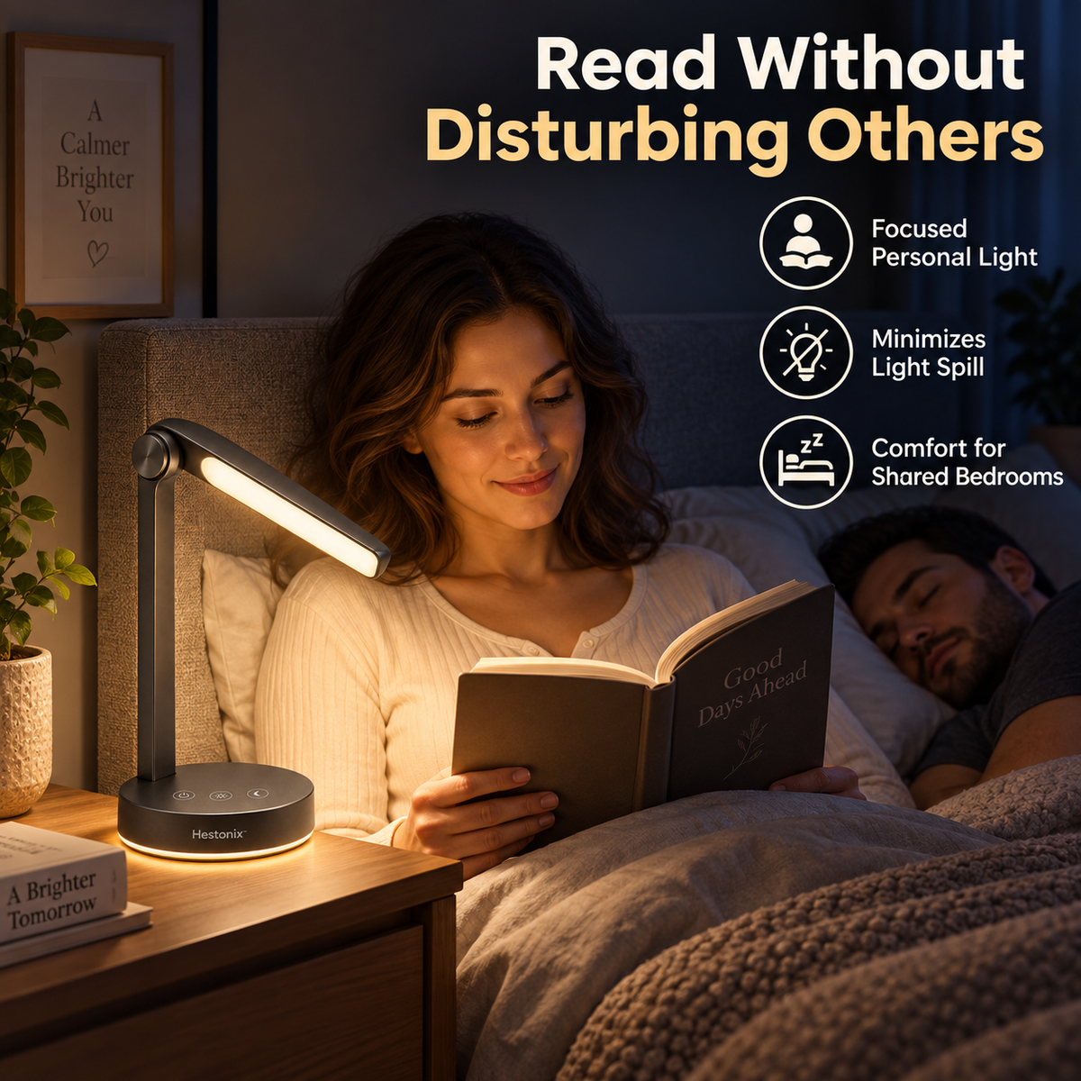 Hestonix™ Fold-Away Bedside Reading Lamp with Focused Night Reading Light and Soft Ambient Glow