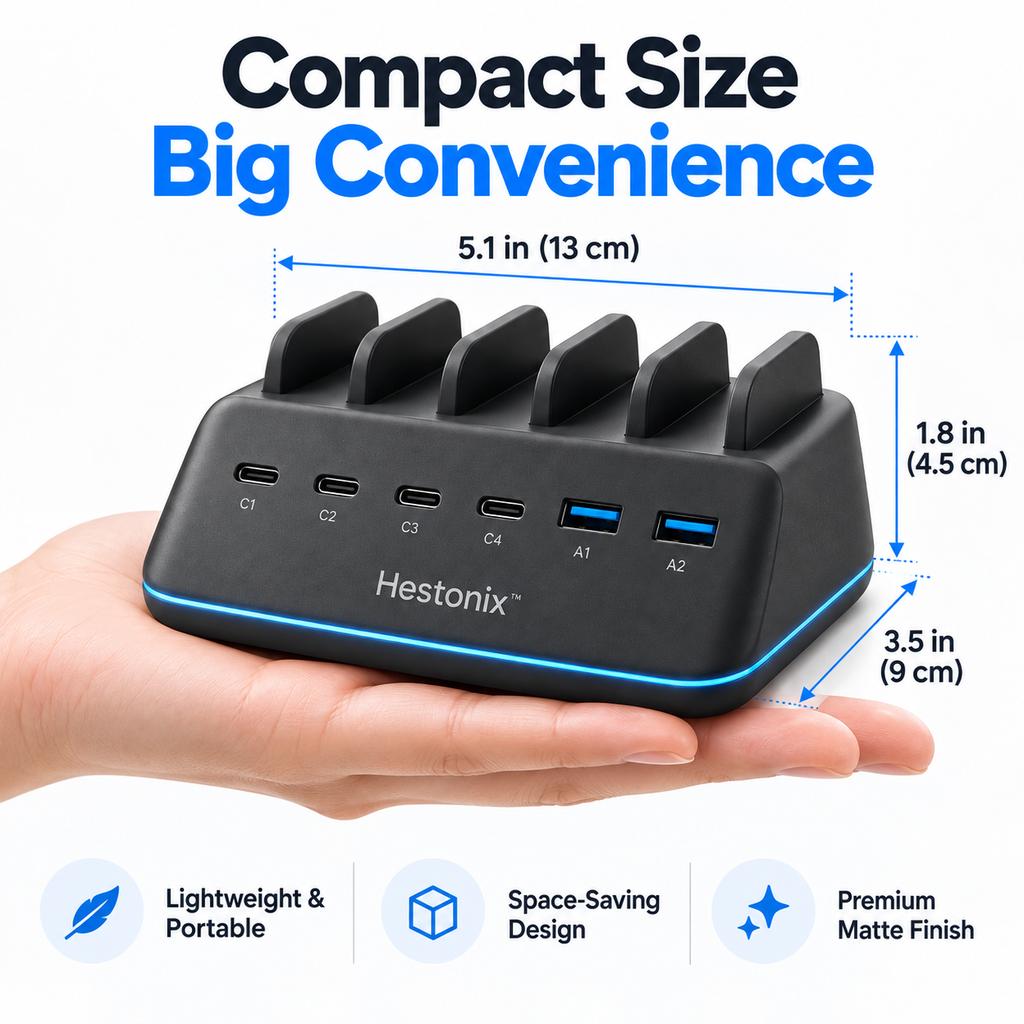 Hestonix™ Sculpted 6-Port Desktop USB Charging Hub with Angled Port Deck and Integrated Cable Organizer