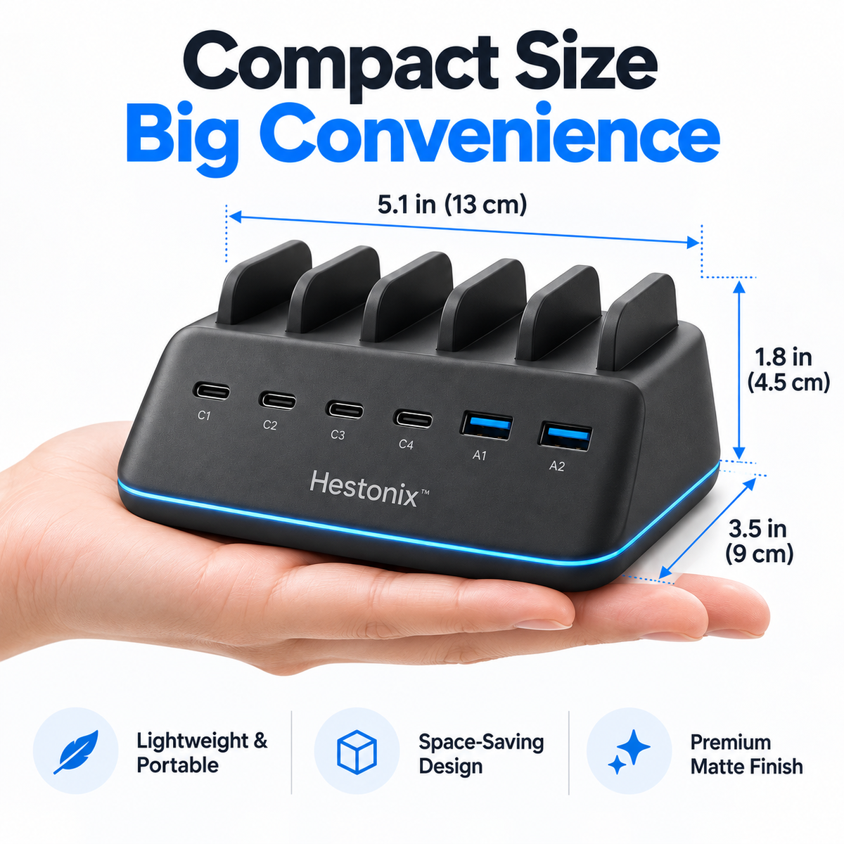 Hestonix™ Sculpted 6-Port Desktop USB Charging Hub with Angled Port Deck and Integrated Cable Organizer