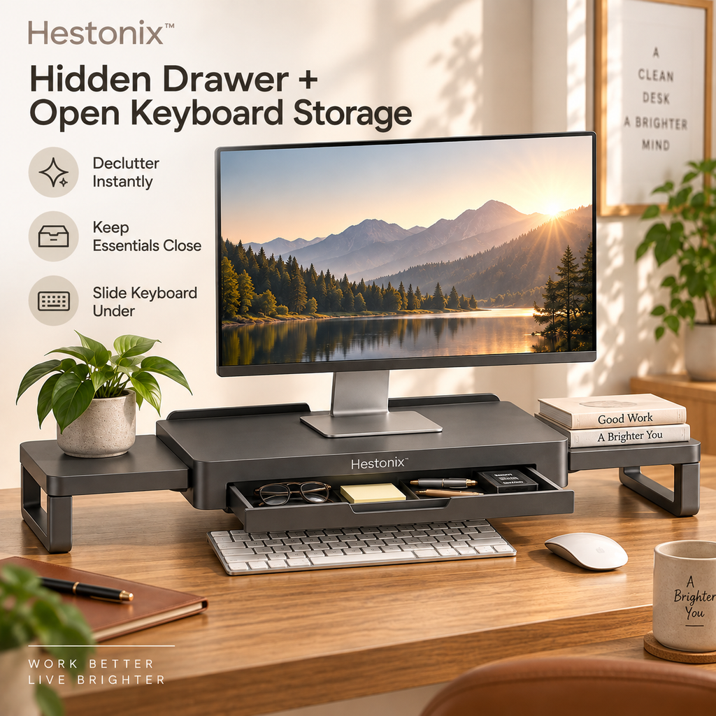 Hestonix™ Expandable Floating-Bridge Monitor Riser with Sliding Side Shelves and Hidden Desk Storage