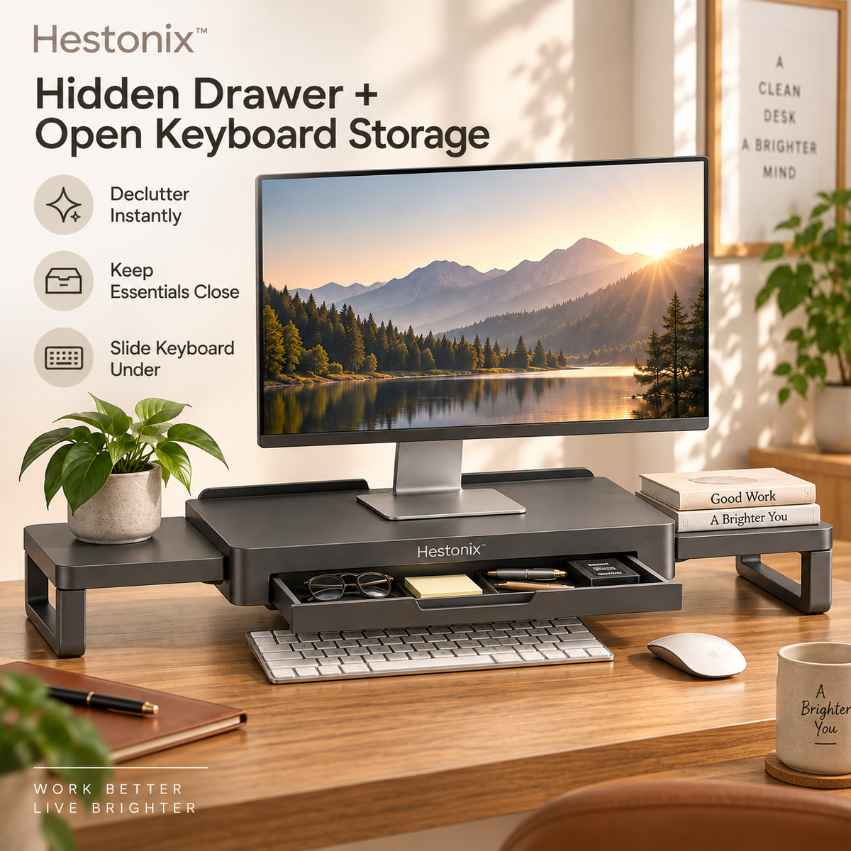 Hestonix™ Expandable Floating-Bridge Monitor Riser with Sliding Side Shelves and Hidden Desk Storage