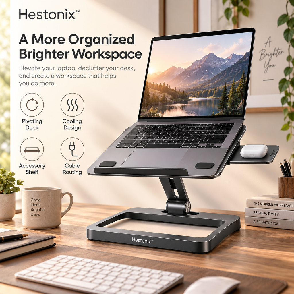 Hestonix™ Floating-Frame Laptop Stand with Pivoting Work Deck, Slide-Out Accessory Shelf and Open-Air Cooling Design