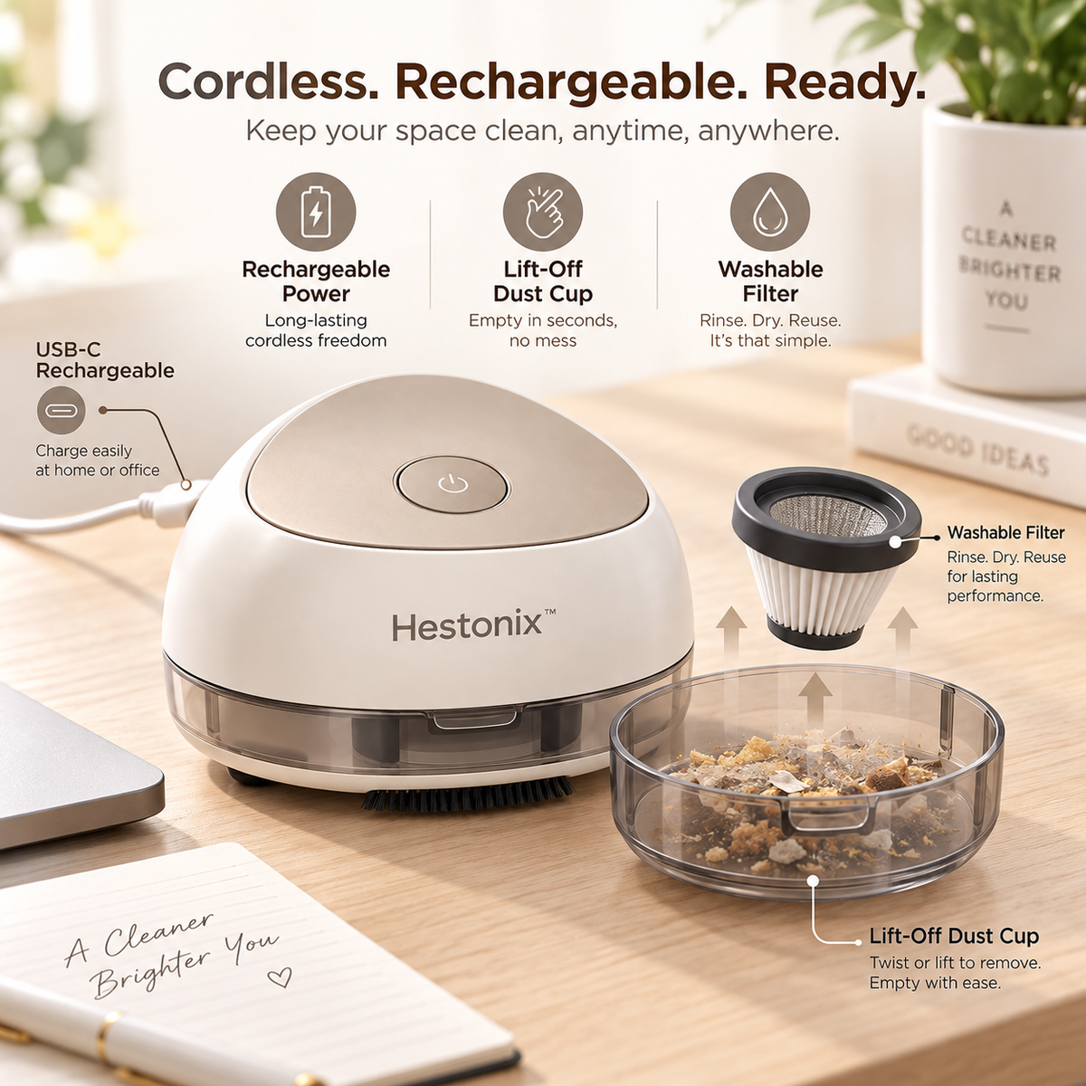 Hestonix™ Compact Desktop Vacuum with Edge Brush and Lift-Off Dust Cup