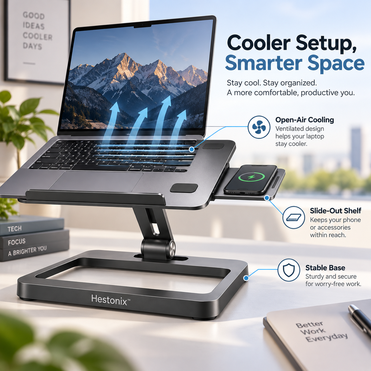 Hestonix™ Floating-Frame Laptop Stand with Pivoting Work Deck, Slide-Out Accessory Shelf and Open-Air Cooling Design