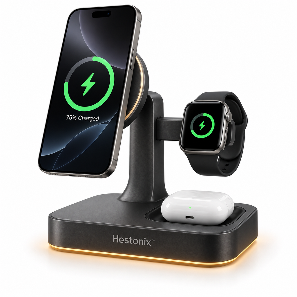 Hestonix™ Sculptural 3-in-1 Charging Dock with Floating Phone Panel, Hidden Watch Perch and Wireless Accessory Tray