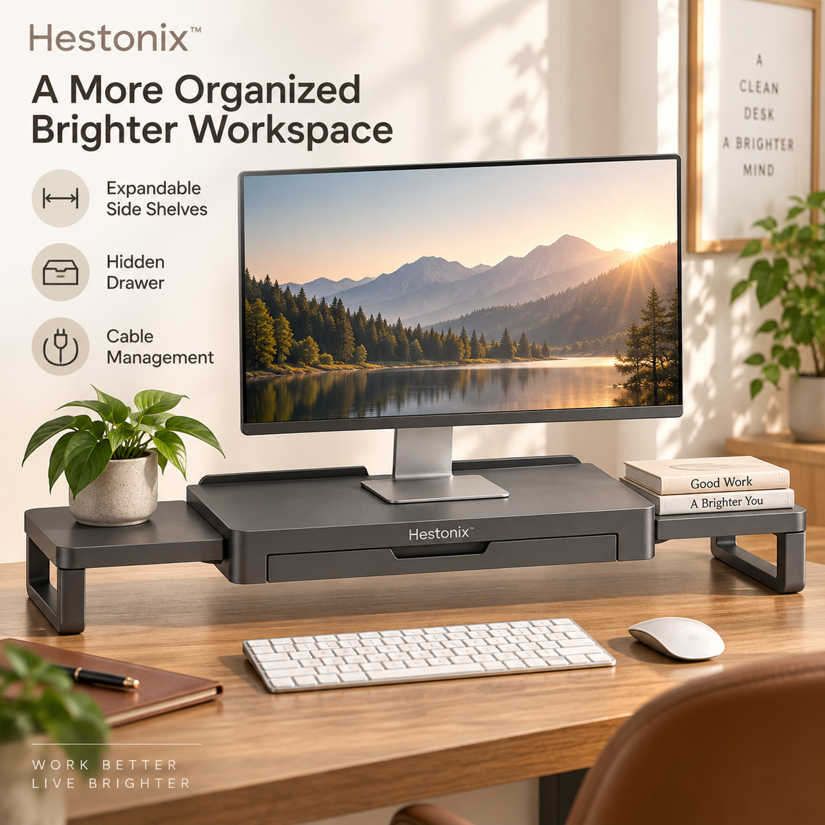 Hestonix™ Expandable Floating-Bridge Monitor Riser with Sliding Side Shelves and Hidden Desk Storage