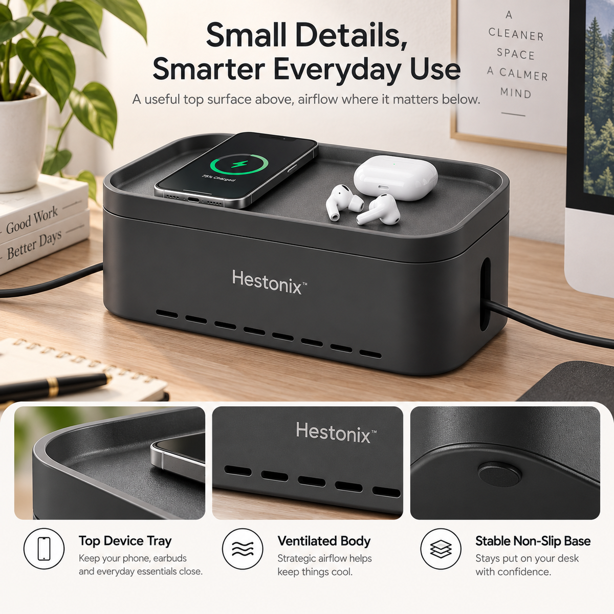 Hestonix™ Sculpted Power Cord Storage Box with Elevated Device Tray