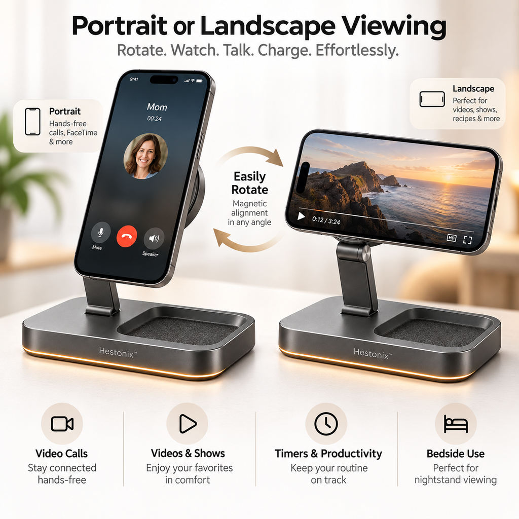 Hestonix™ Fold-Flat Magnetic Charging Dock with Pivoting Phone Stand and Integrated Valet Tray