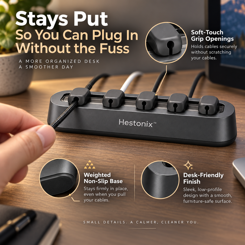 Hestonix™ Sculpted Desktop Cable Organizer with Sliding Cable Channels