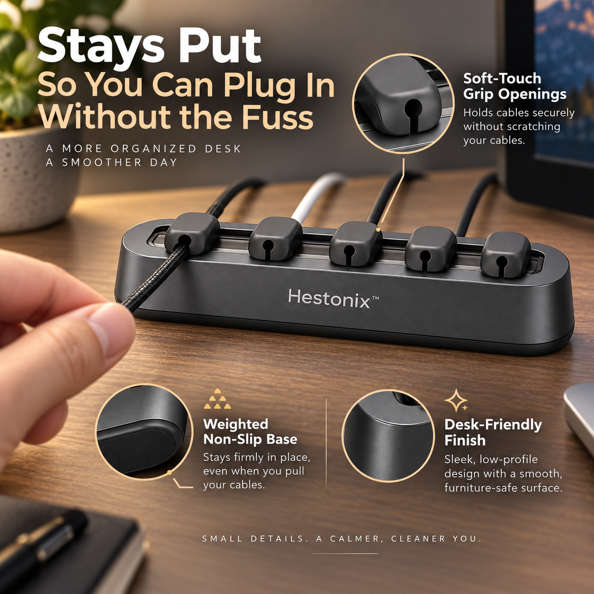 Hestonix™ Sculpted Desktop Cable Organizer with Sliding Cable Channels
