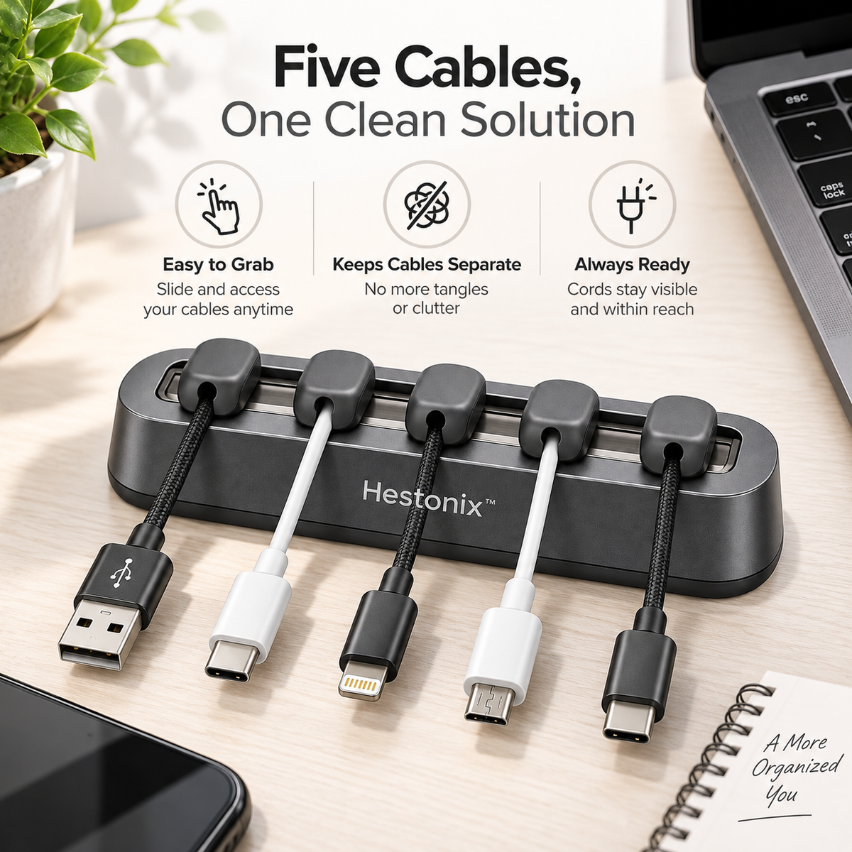 Hestonix™ Sculpted Desktop Cable Organizer with Sliding Cable Channels