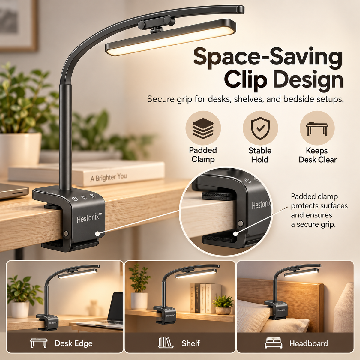 Hestonix™ Slim Arc Clip-On Desk Lamp with Sliding Light Head and Soft Wide-Area Illumination