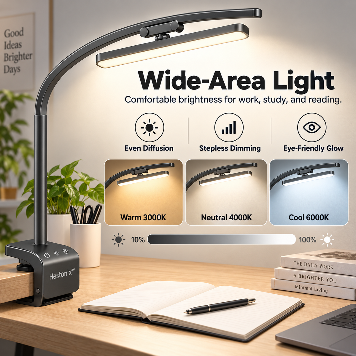 Hestonix™ Slim Arc Clip-On Desk Lamp with Sliding Light Head and Soft Wide-Area Illumination