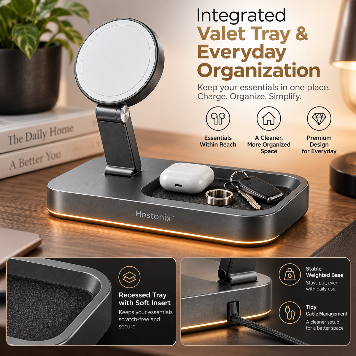 Hestonix™ Fold-Flat Magnetic Charging Dock with Pivoting Phone Stand and Integrated Valet Tray