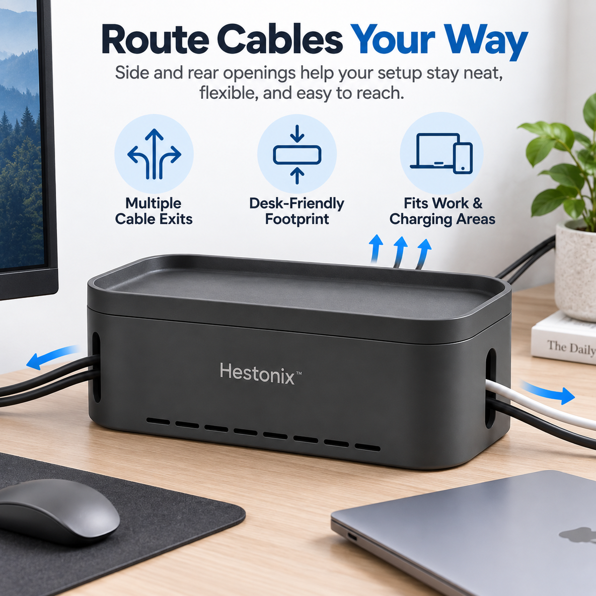 Hestonix™ Sculpted Power Cord Storage Box with Elevated Device Tray