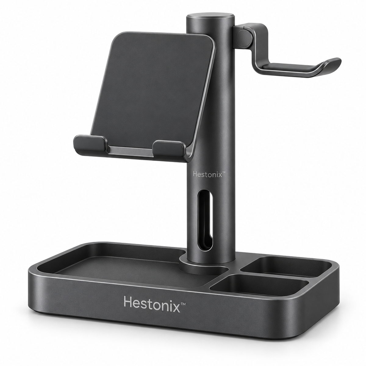 Hestonix™ Pivoting Multi-Function Desktop Stand with Floating Device Shelf, Headphone Hook and Valet Tray