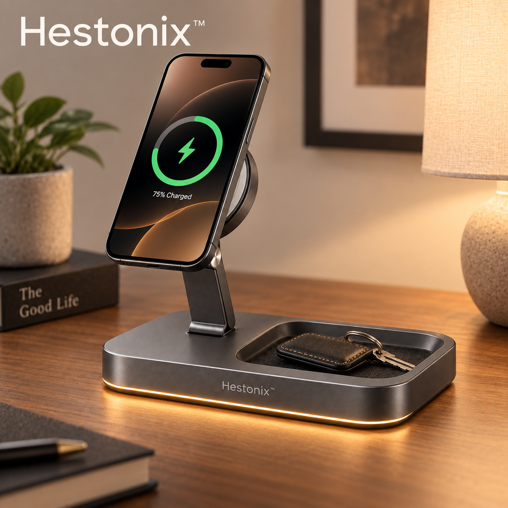 Hestonix™ Fold-Flat Magnetic Charging Dock with Pivoting Phone Stand and Integrated Valet Tray