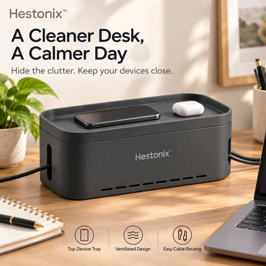 Hestonix™ Sculpted Power Cord Storage Box with Elevated Device Tray