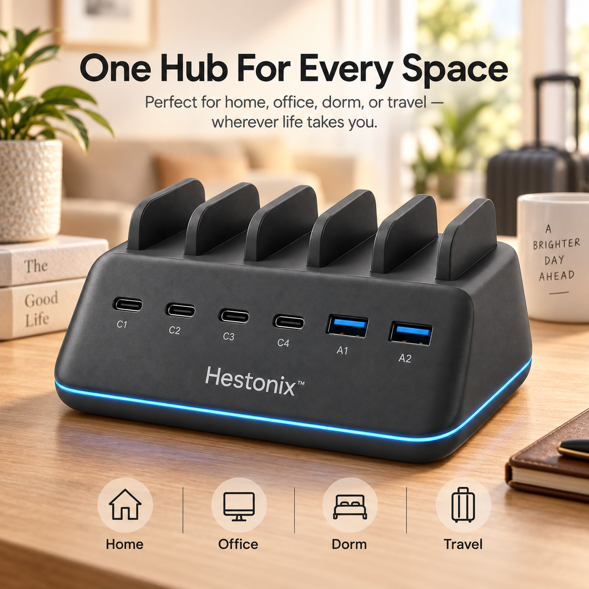 Hestonix™ Sculpted 6-Port Desktop USB Charging Hub with Angled Port Deck and Integrated Cable Organizer