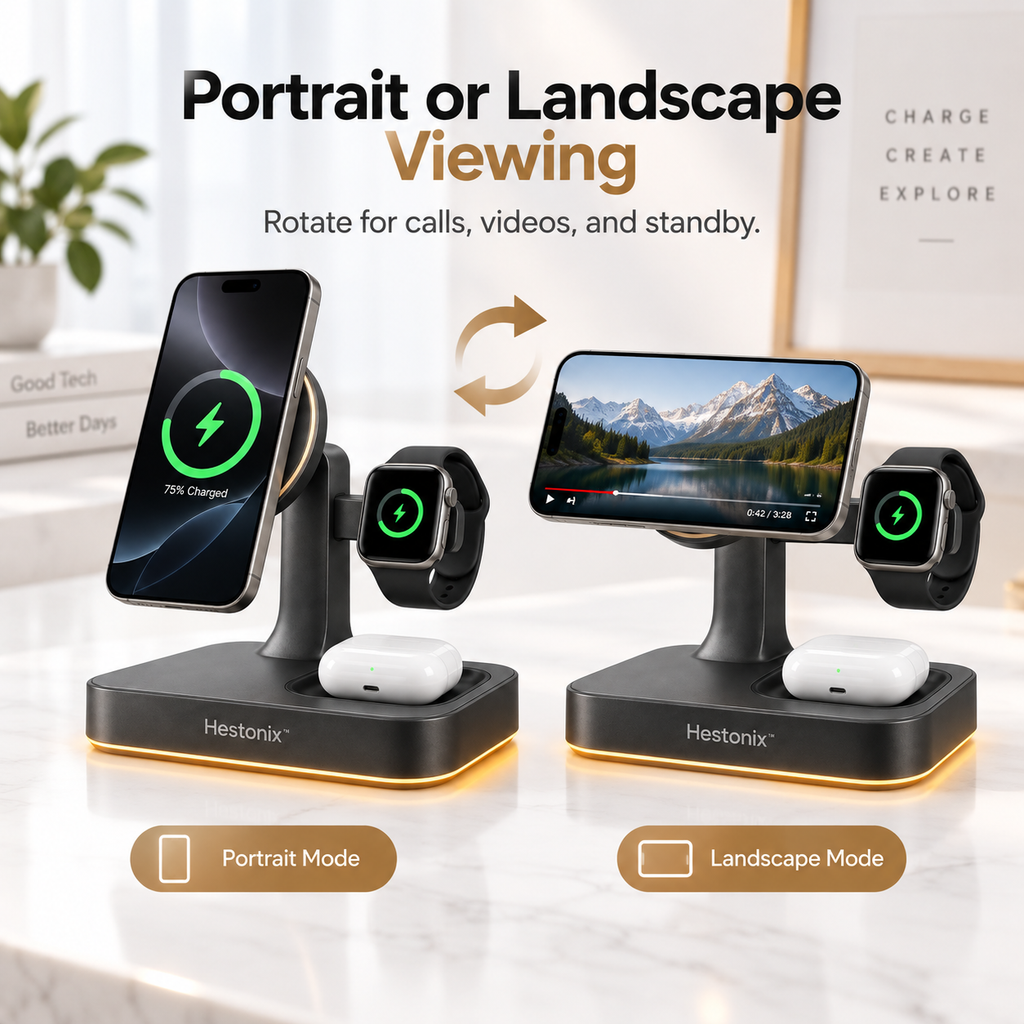 Hestonix™ Sculptural 3-in-1 Charging Dock with Floating Phone Panel, Hidden Watch Perch and Wireless Accessory Tray
