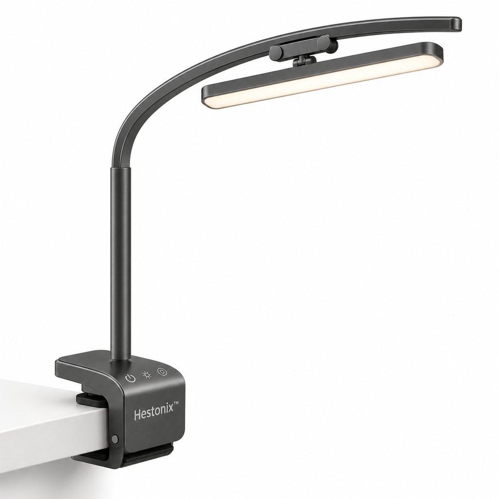 Hestonix™ Slim Arc Clip-On Desk Lamp with Sliding Light Head and Soft Wide-Area Illumination