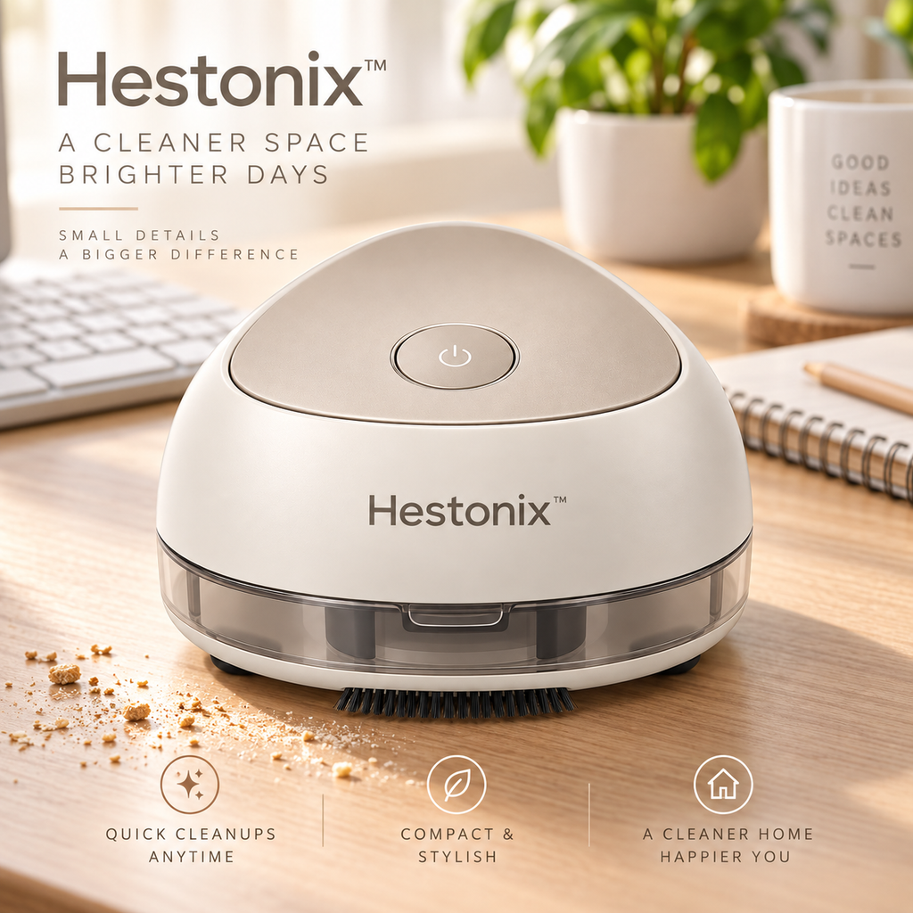 Hestonix™ Compact Desktop Vacuum with Edge Brush and Lift-Off Dust Cup