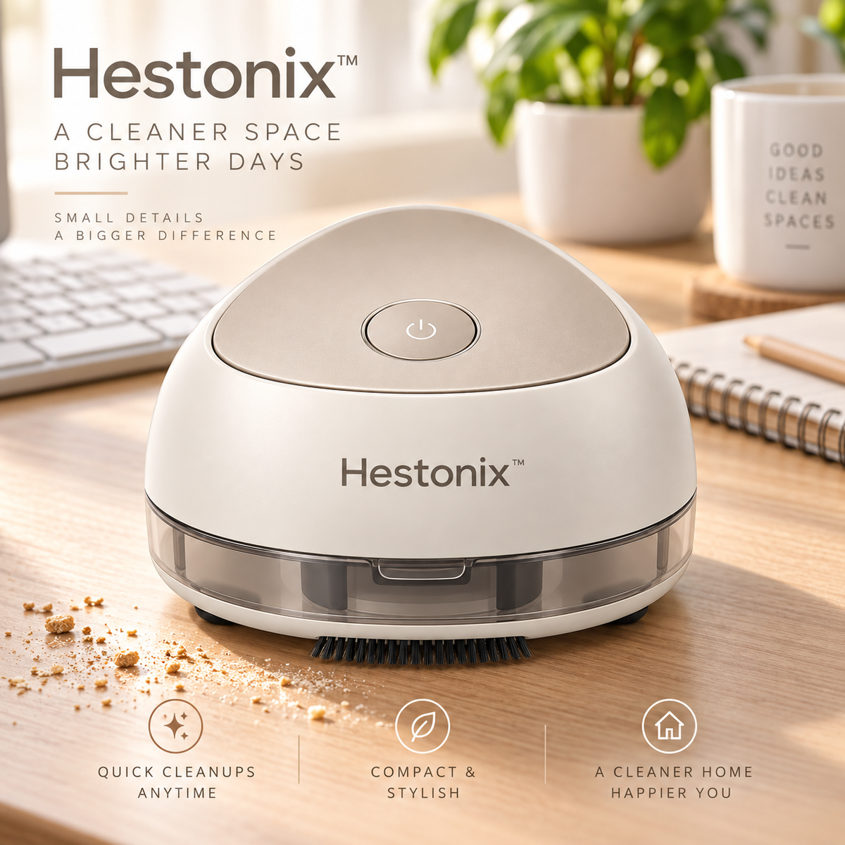 Hestonix™ Compact Desktop Vacuum with Edge Brush and Lift-Off Dust Cup