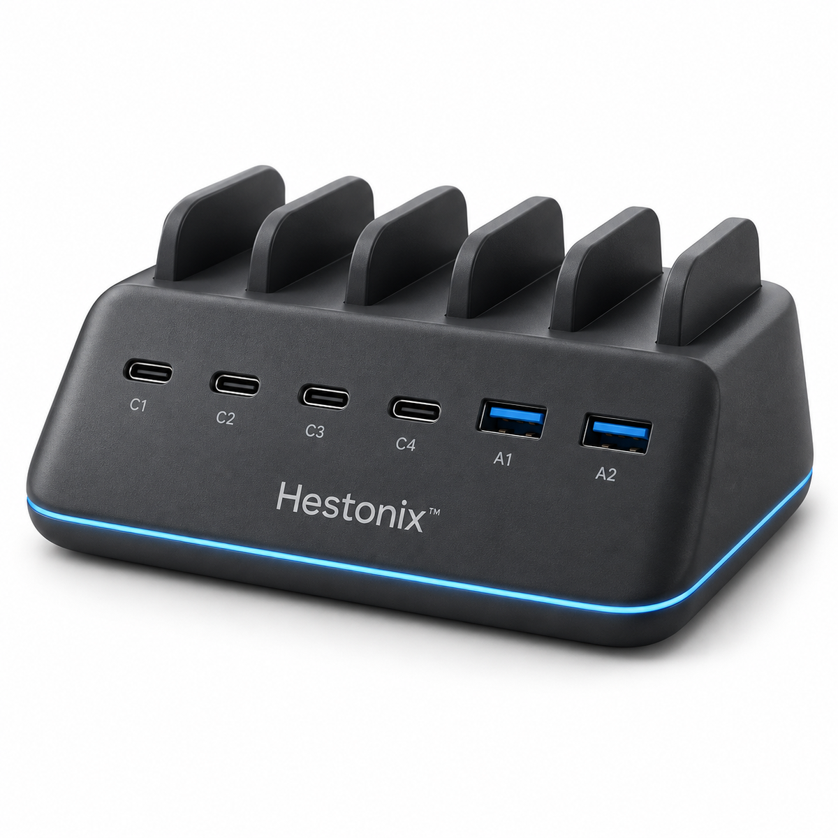 Hestonix™ Sculpted 6-Port Desktop USB Charging Hub with Angled Port Deck and Integrated Cable Organizer